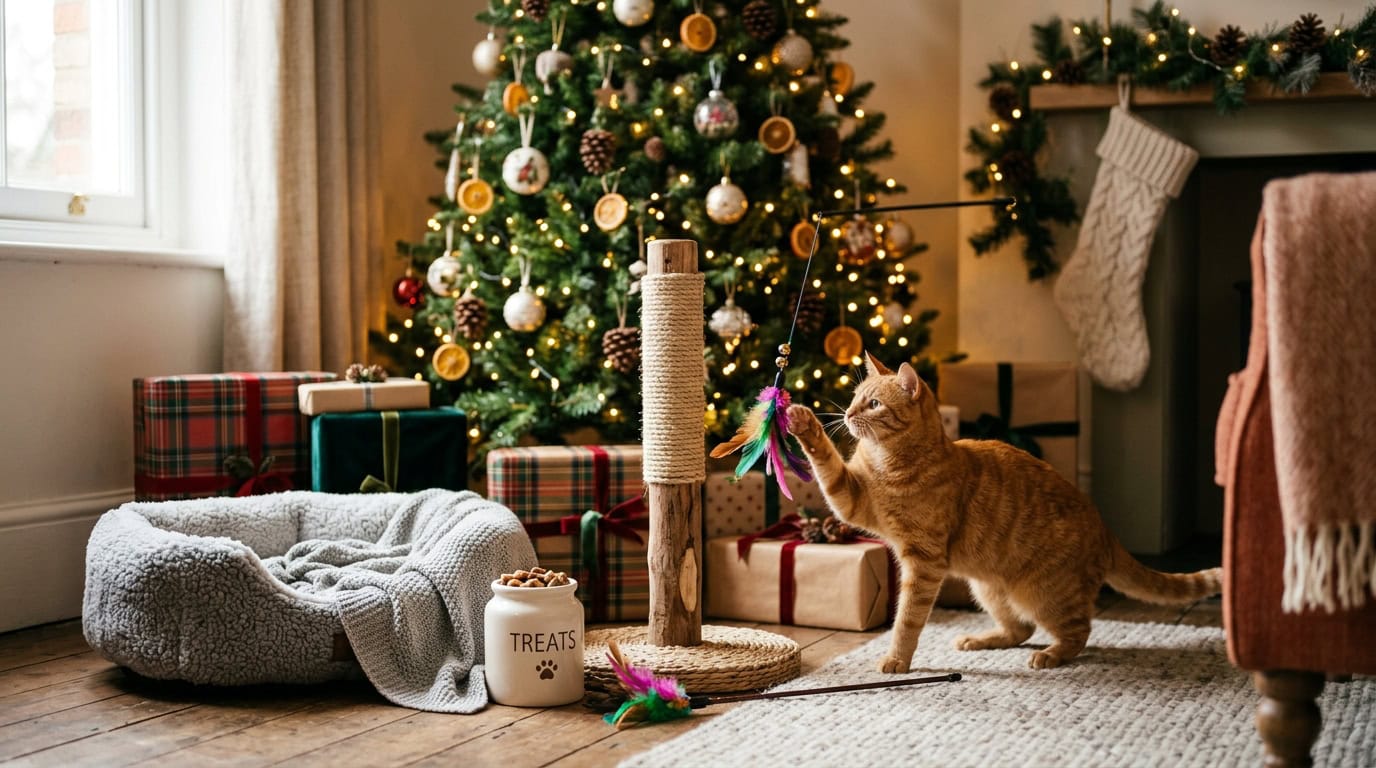 Editorial illustration for The best Christmas gifts for your feline friend